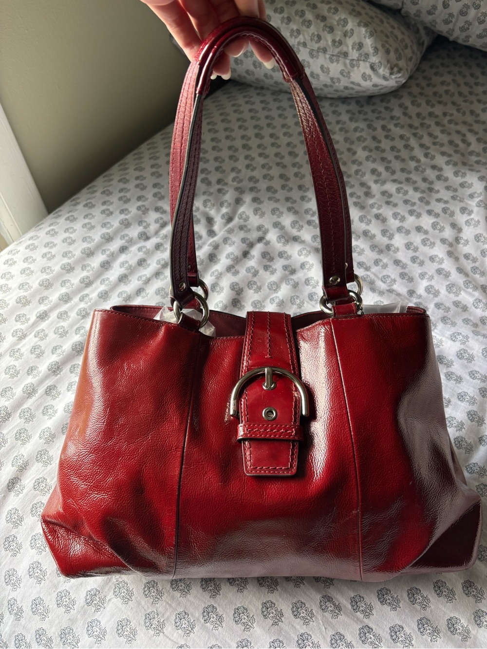 Coach Red Leather Shoulder Bag with Buckle Accent